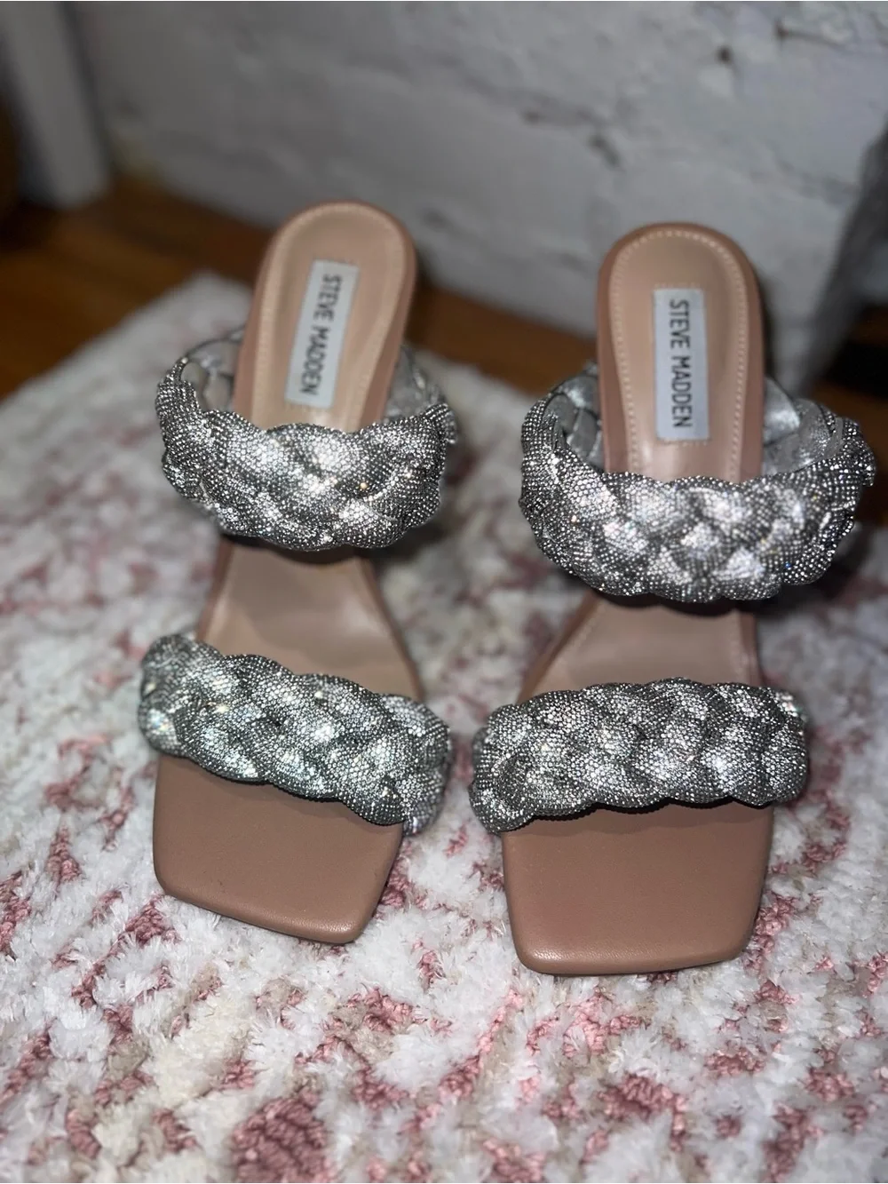 Steve Madden Braided Metallic Silver Two-Strap Mules